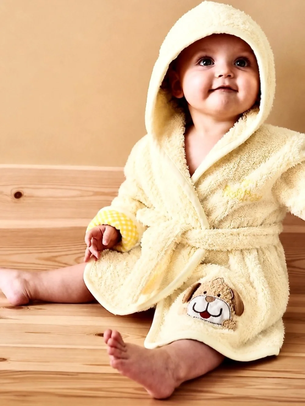 Children's Terry Cloth Bathrobe Yellow Puppy Applique 18M Cotton Wrap Robe